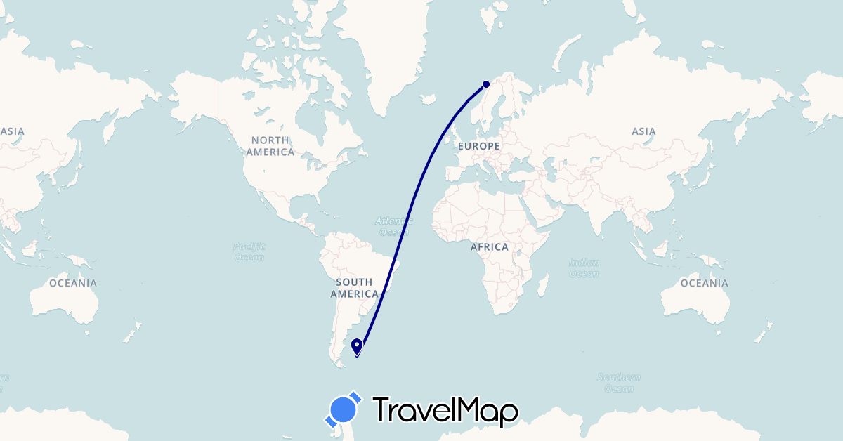 TravelMap itinerary: driving in Falkland Islands, Norway (Europe, South America)